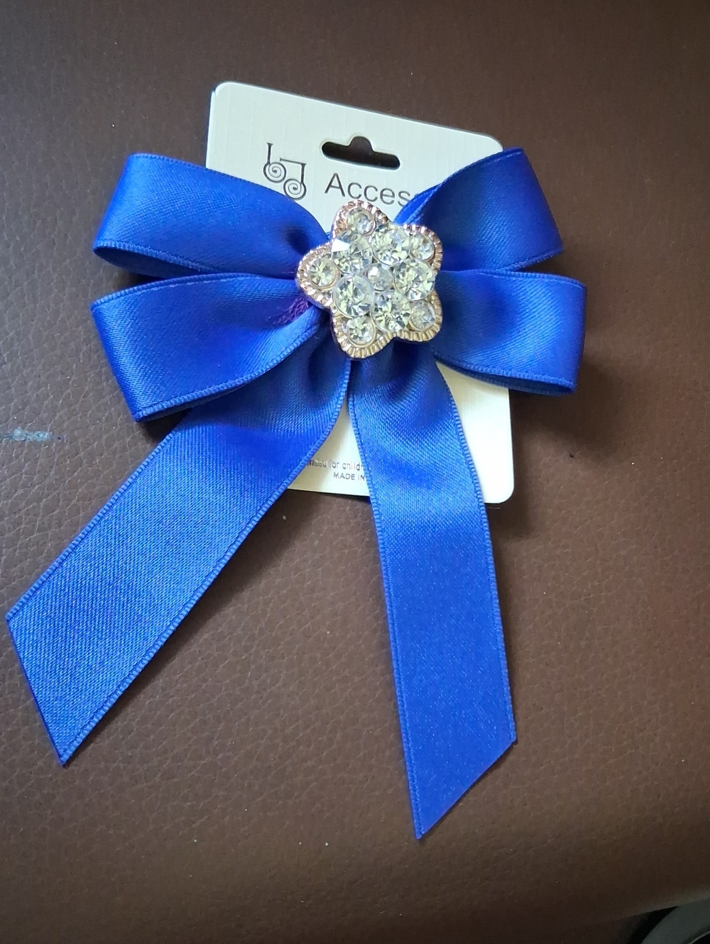 Cobalt Blue Satin Bow Brooch with Crystal Flower Center